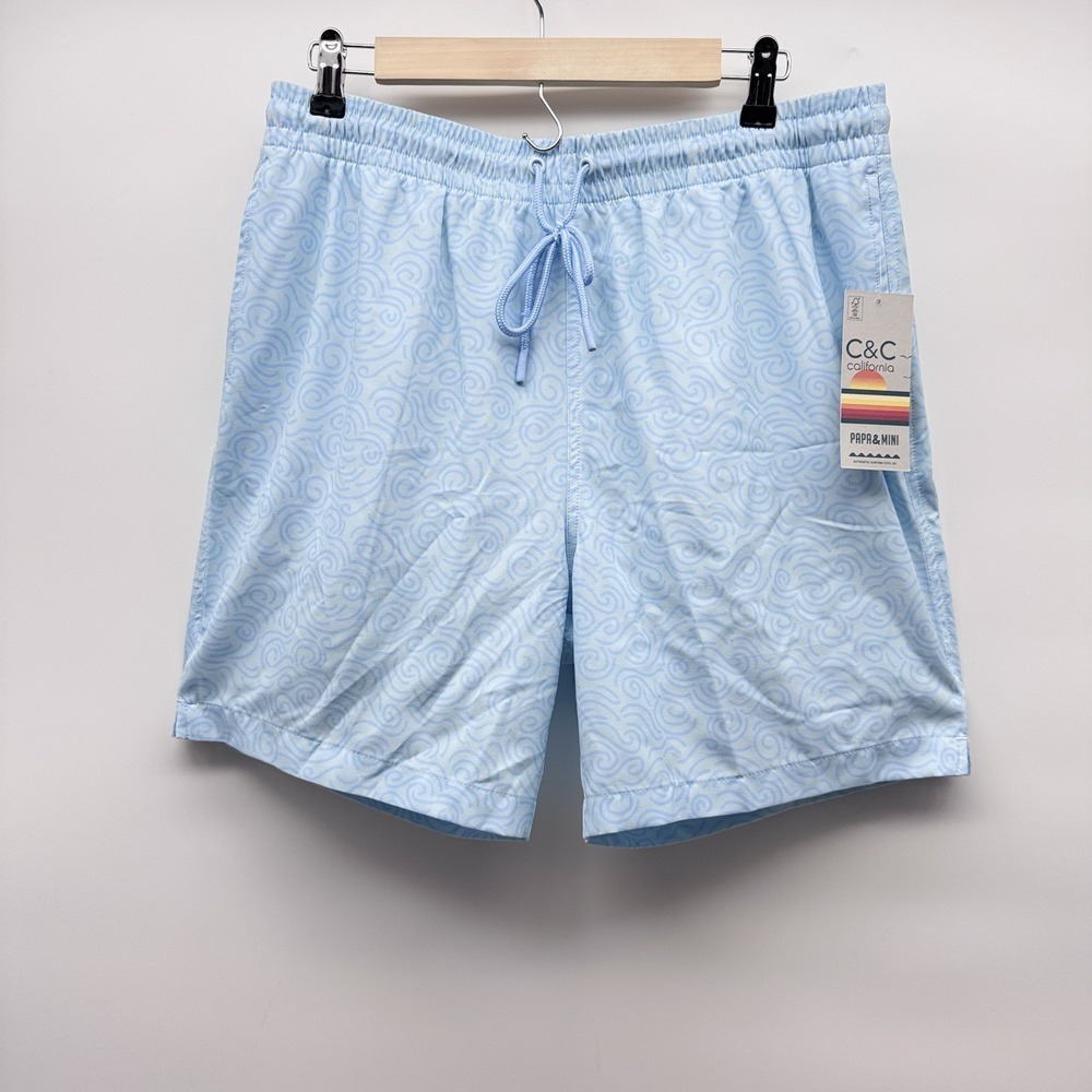 C&C California Men's Swim Trunks Large Inseam 7'' Blue Swirl Wave Shorts NWT